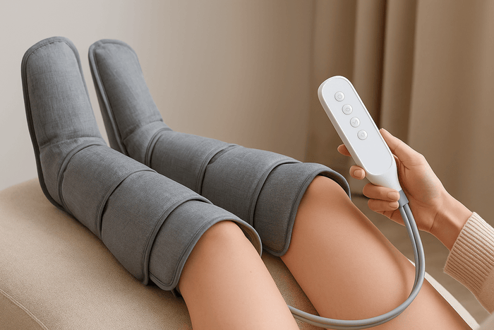 Beine in Manschetten für Luftdruckmassage