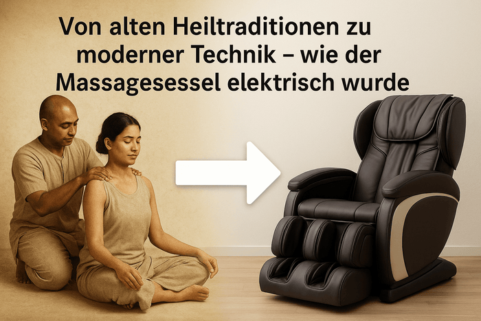 Ein Mann massiert einer Fraue die Schultern und ein Pfeil zu einem elektrischen Massagesessel