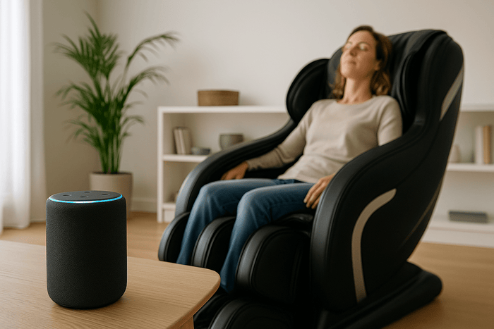 Eine Frau sitzt entspannt im Massagesessel, vor ihr eine Smart Home Box
