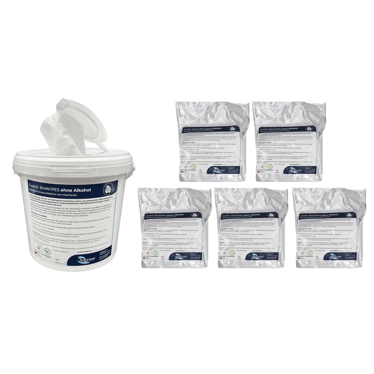 
BioWIPES alkoholfrei: Entnahmeeimer und 5 Nachfüllpacks