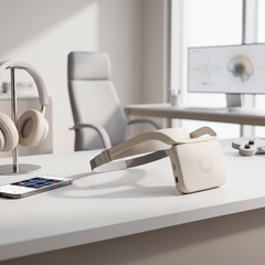 
neuroVIZR ORIGINAL in Ivory White mit Kopfband auf dem Schreibtisch